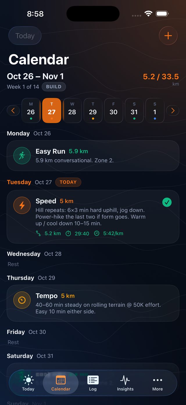 Calendar screen with a week of planned sessions