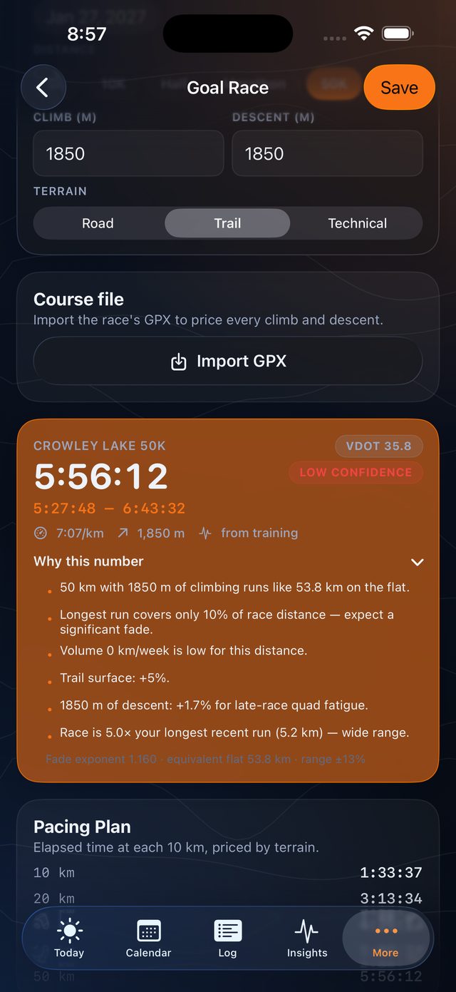 Goal race screen with elevation profile and finish prediction