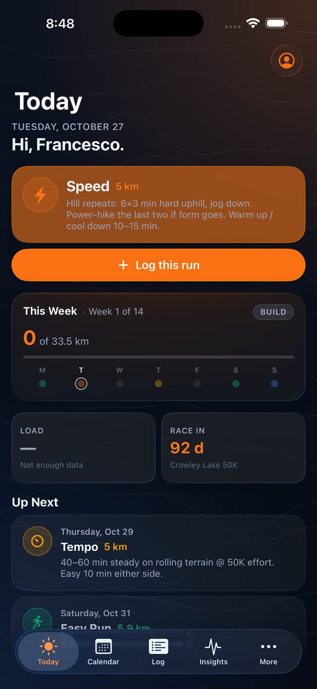 OffTrail's Today screen: a hill-repeat session, the week's mileage, days to race