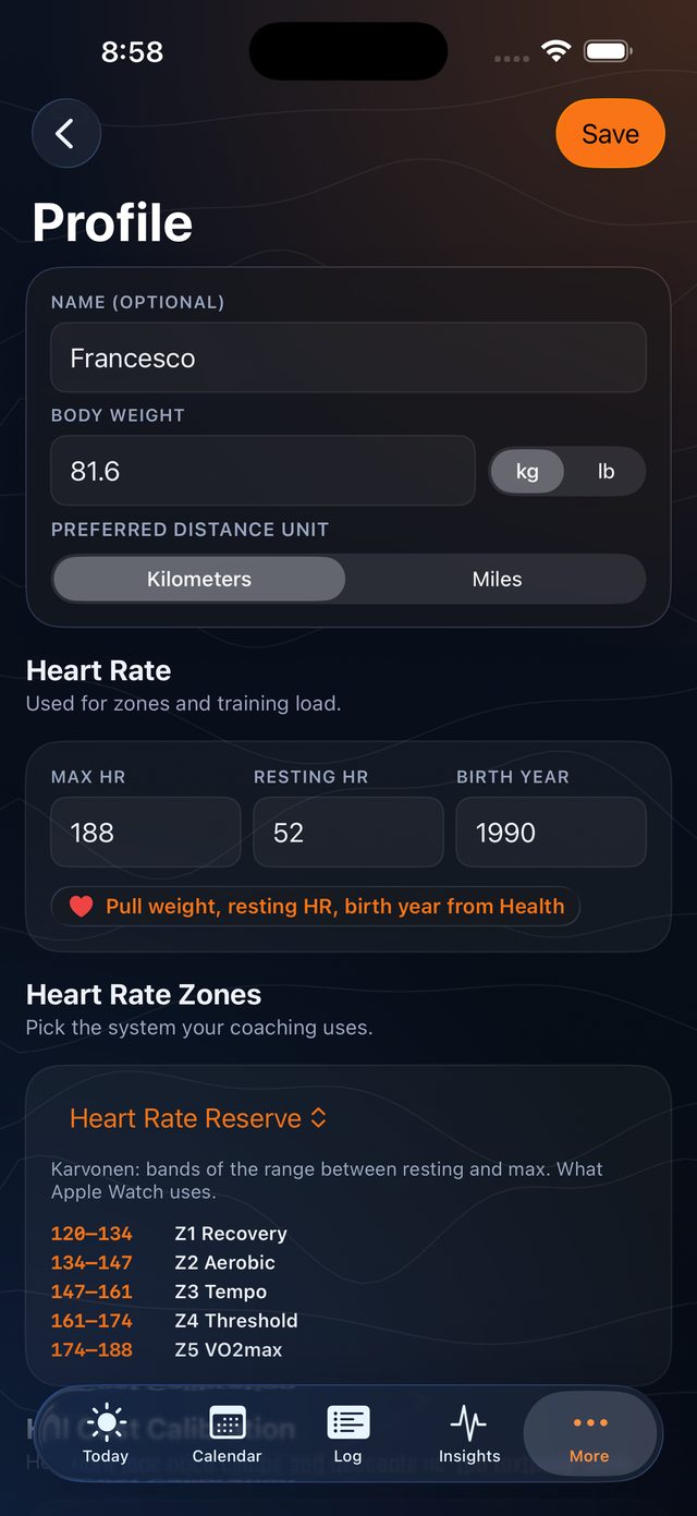 Profile screen with heart-rate zone method picker